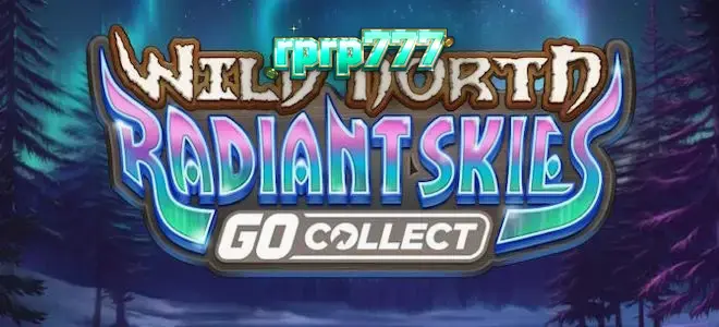 Pemandangan hutan bersalju dengan aurora di latar belakang dalam slot Wild North Radiant Skies GO Collect